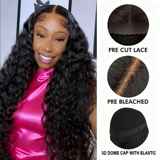 Deep Wave Invisi Strap Snug Fit 360 Transparent Lace Frontal Bleached Knots Pre Cut Lace Wig