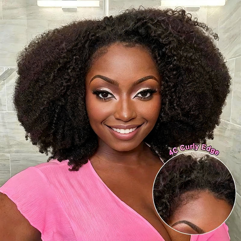 Kinky Curly 4C Edges Invisi Strap Laid Flat 360 Transparent Lace Wig Pre Bleached Knots with Curly Baby Hair All Around