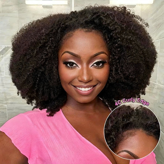 Kinky Curly 4C Edges Invisi Strap Laid Flat 360 Transparent Lace Wig Pre Bleached Knots with Curly Baby Hair All Around