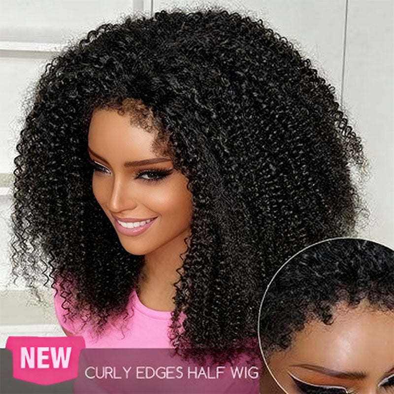 Kinky Curly 4C Edges Invisi Strap Laid Flat 360 Transparent Lace Wig Pre Bleached Knots with Curly Baby Hair All Around
