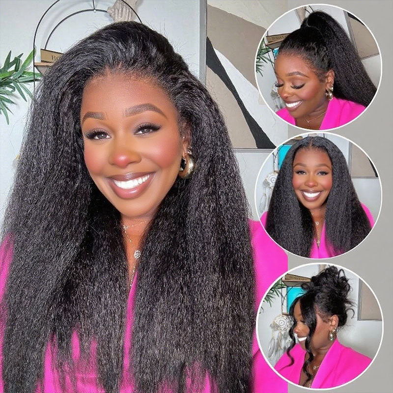 Light Yaki Straight Invisi Strap Snug Fit 360 Transparent Lace Frontal Bleached Knots Pre Cut Lace Wig Natural Color