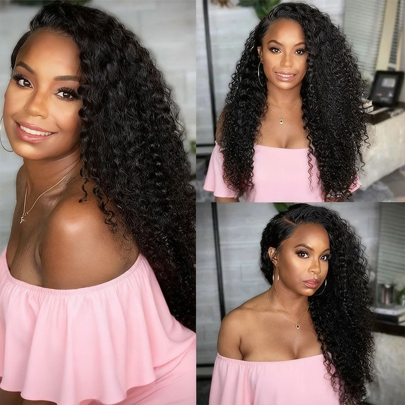 Kinky Curly 4C Edges Invisi Strap Laid Flat 360 Transparent Lace Wig Pre Bleached Knots with Curly Baby Hair All Around