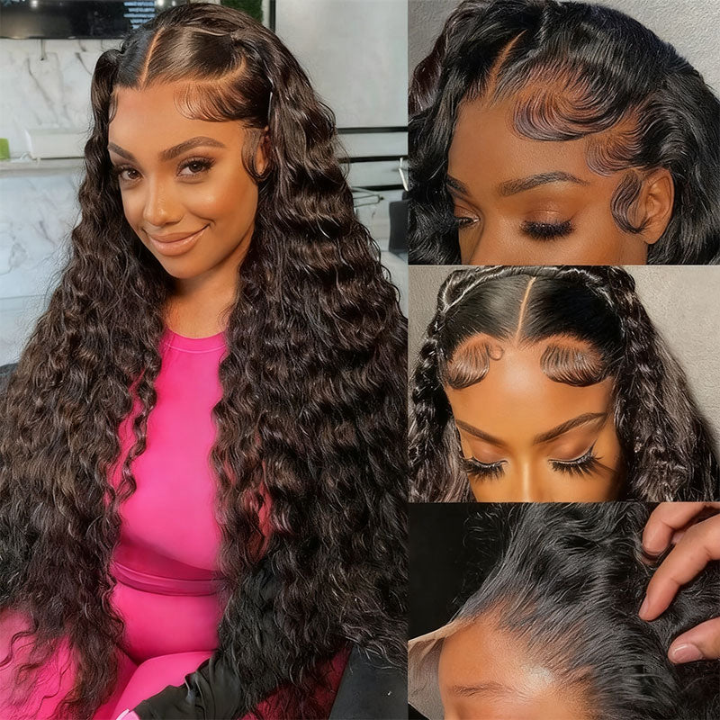 Pull Go 13x6 Full Wig Deep Wave Transparent Lace Frontal Wig Natural Black Color