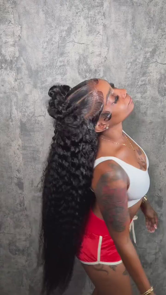 Pull Go 13x6 Full Wig Deep Wave Transparent Lace Frontal Wig Natural Black Color